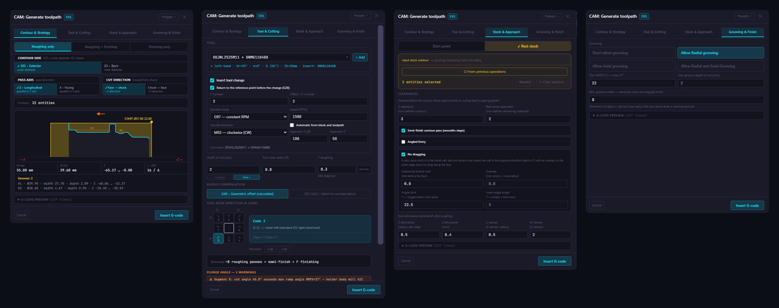 CAM Turning dialog: contour and strategy, tool and cutting data, stock and approach, grooving