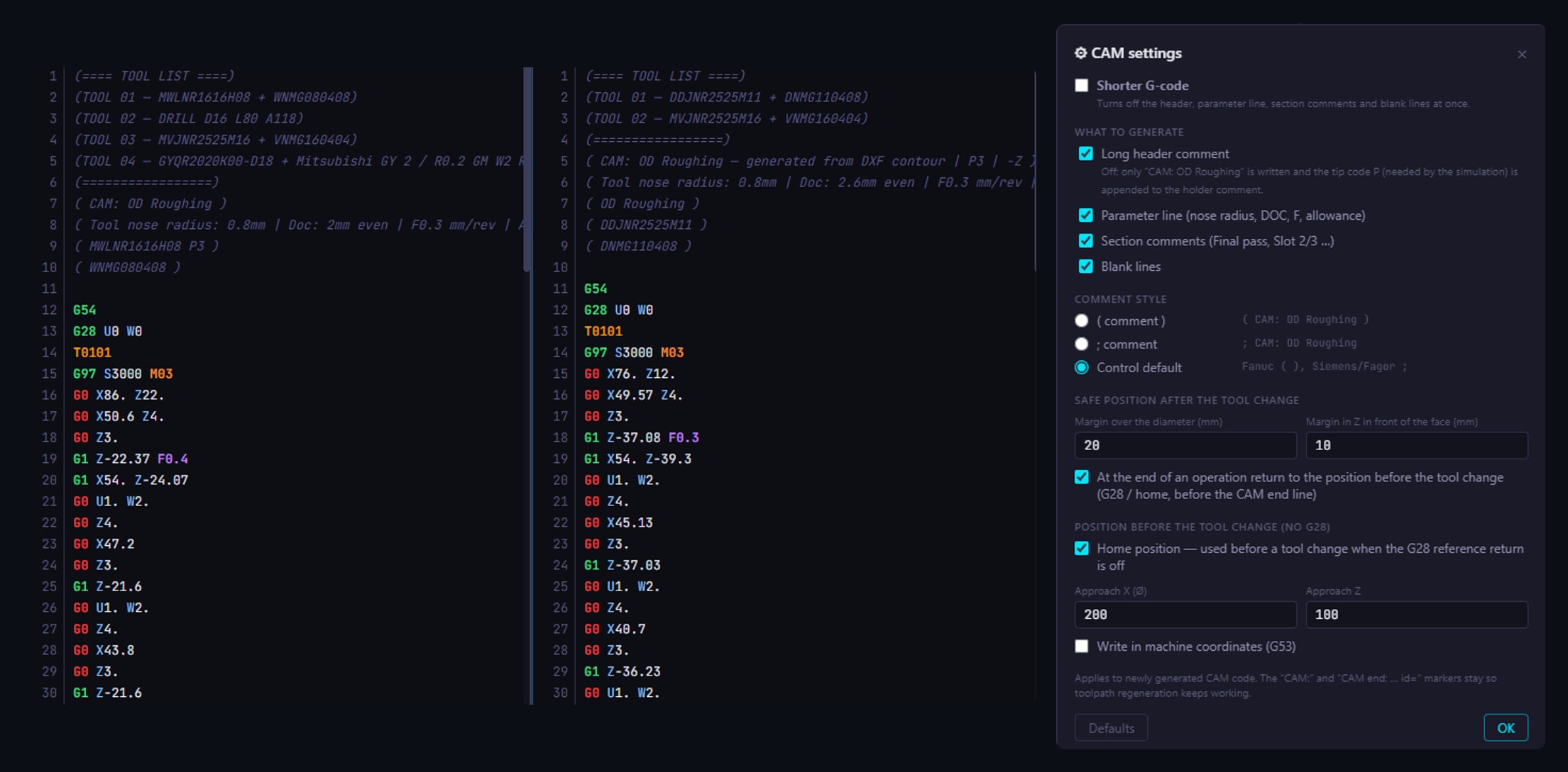 Generated G-code with tool list and the CAM settings window