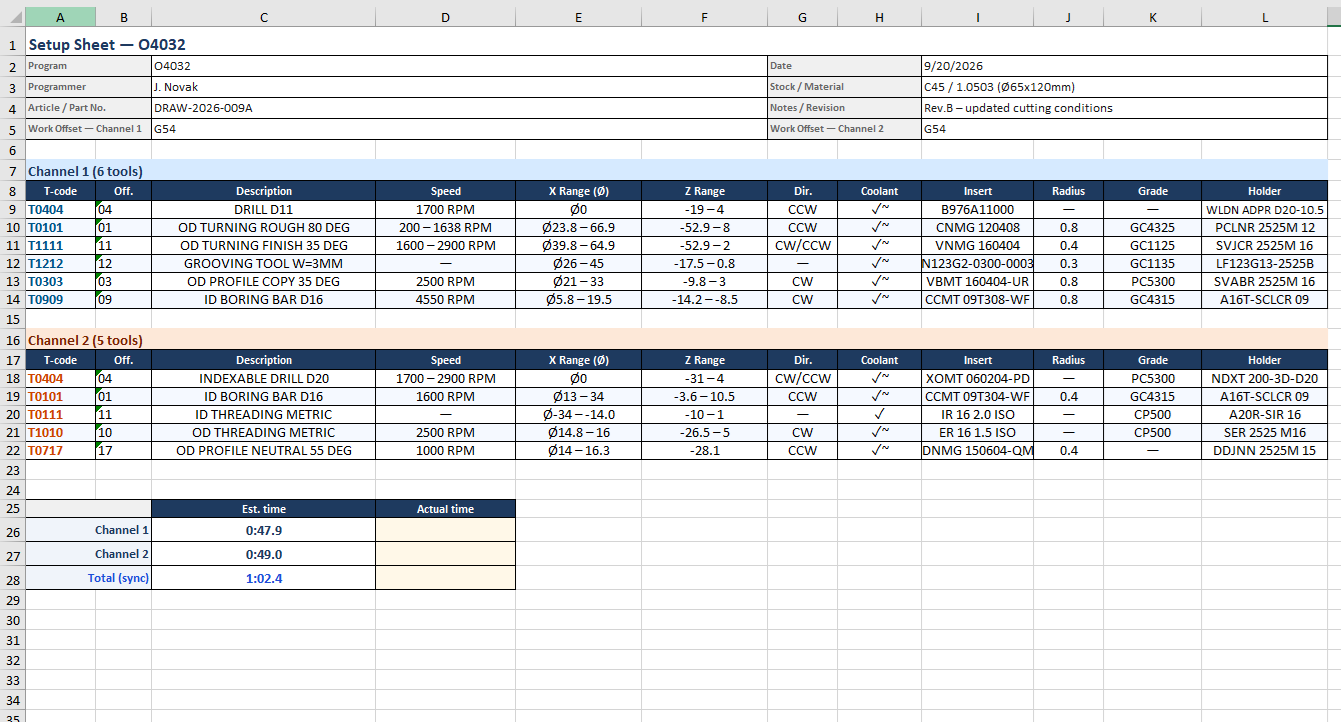 Setup Sheet — Excel export