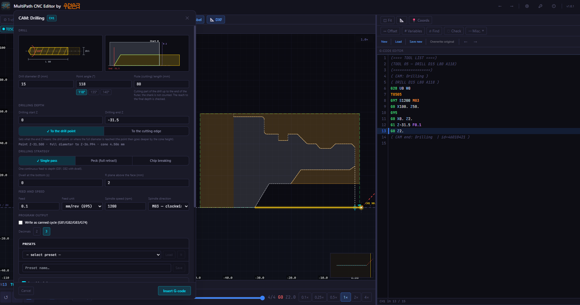 CAM Drilling dialog with drill geometry graphic and generated G-code