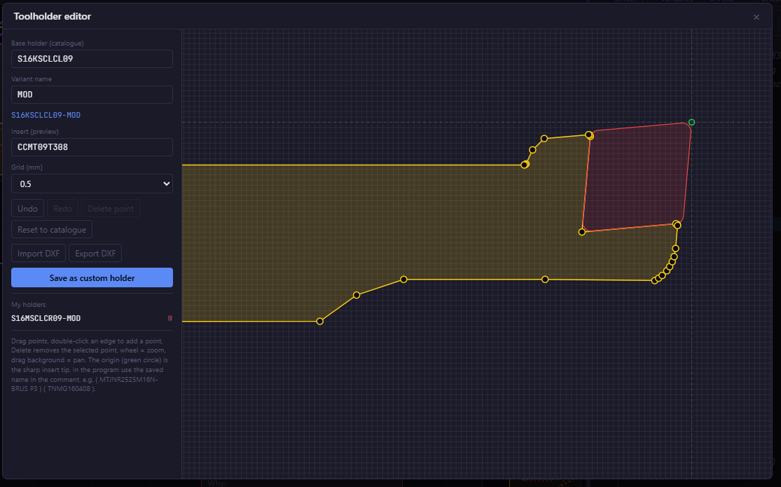 Holder editor: modified (ground-down) outline