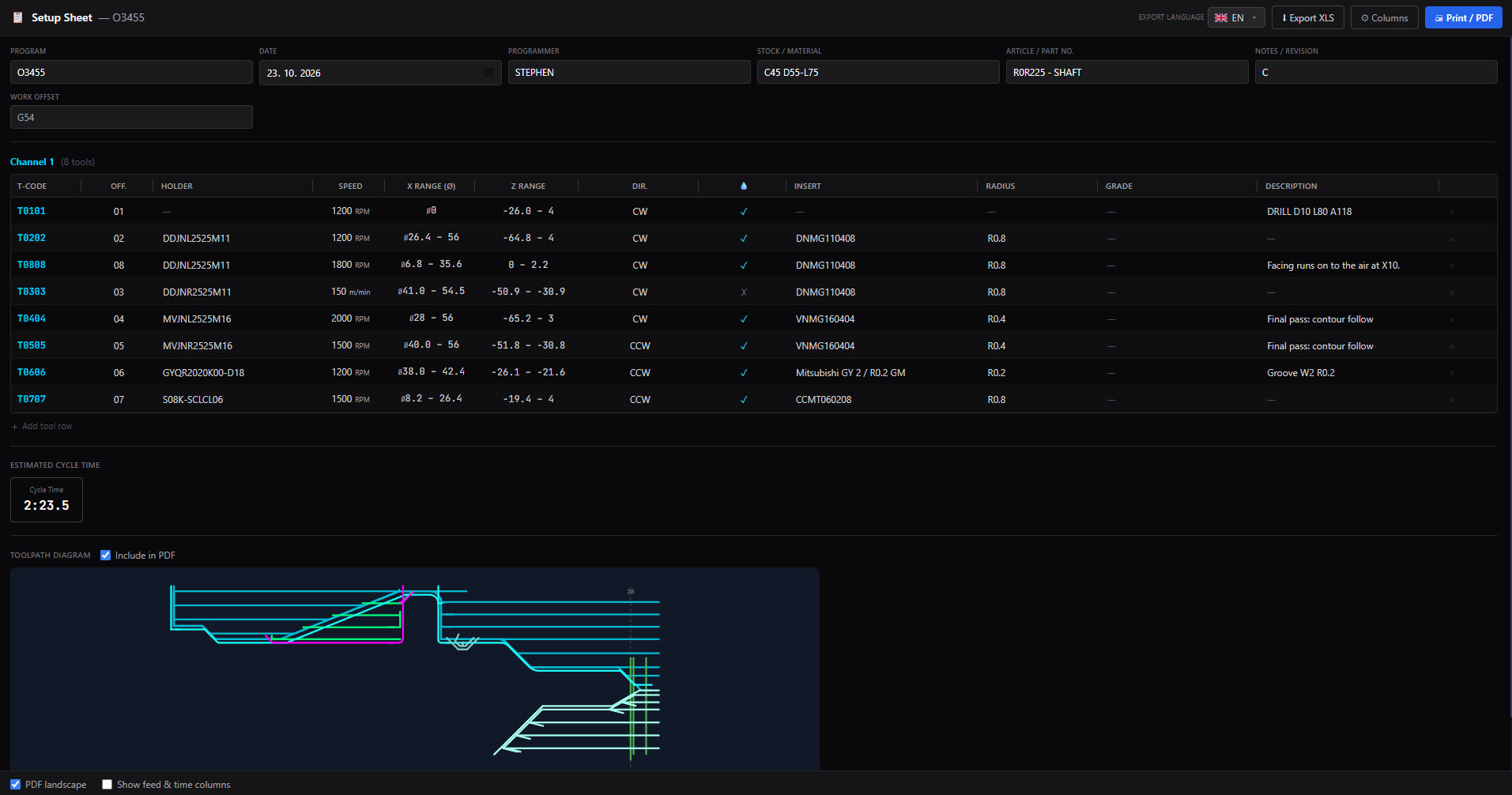 Setup Sheet generated in MultiPath CNC Editor